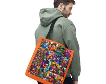 Anime Character Grid Tote Bag | Colorful Manga Collage, All-Over Print