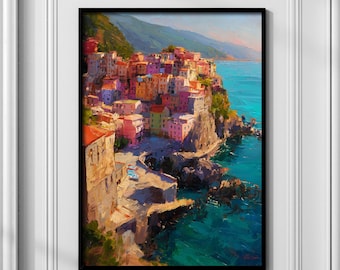 Cinque Terre Italië schilderij - kunst aan de muur kustdorp - decor mediterraan landschap - Italiaans kustkunstwerk - cadeau reisliefhebber