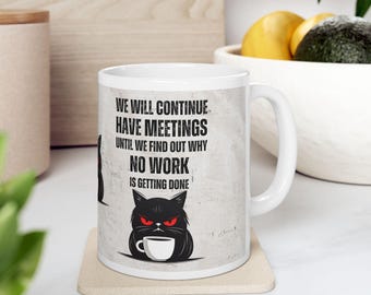 Grumpy Black Cat with Coffee Mug Ceramic Mug | 11oz 15oz