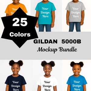 May include: A mockup bundle of Gildan 5000B t-shirts in various colours, modelled by a young girl. Each shirt displays the text "Your Design Here." The image also includes the text "25 Colors" and "Mockup Bundle."