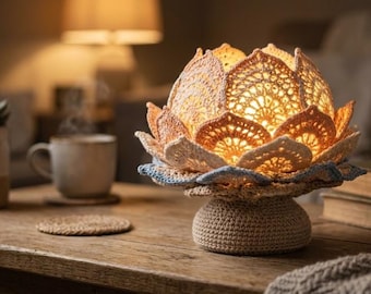 Handmade Crochet Lotus Flower Lamp – Amigurumi Nightlight with Warm LED Glow