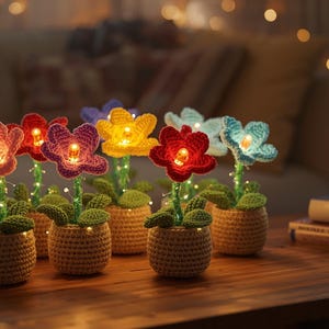 May include: A collection of handmade crochet flower lights in various colors, including red, purple, yellow, and blue. Each flower is illuminated with a warm glow and sits in a small woven pot, creating a cozy, decorative display.