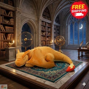 May include: A large, plush orange dragon toy with a red and yellow tail rests on a patterned rug. The toy is in a library setting with bookshelves, globes, and a night sky visible through a large window. A free shipping sticker is in the top right corner.
