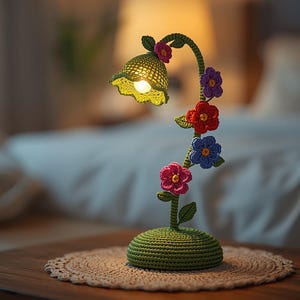 May include: A handcrafted crochet lamp with a green base and stem, adorned with colorful crochet flowers in red, pink, and blue. The lamp has a bell-shaped shade and sits on a wooden table with a lace doily. The warm light creates a cozy atmosphere.