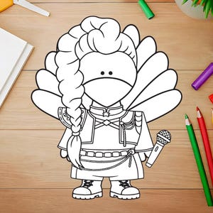 May include: Black and white line art illustration of a character with a long braid, wings, and a microphone. The character is wearing a detailed outfit and boots. The image is on a wooden surface with art supplies.