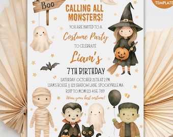 Calling All Monsters Birthday Invitation | Kids Halloween Party Invitation | Halloween Costume Party Invitation | Editable Digital Download