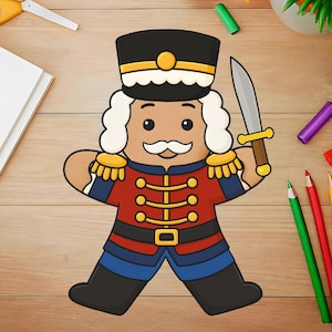 Puede incluir: Ilustración de dibujos animados de un soldado cascanueces. El cascanueces lleva una chaqueta roja con botones dorados, un sombrero negro y botas negras. Sostiene una espada con empuñadura dorada. El fondo es una superficie de madera.