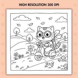 K&ouml;nnte beinhalten: Schwarz-Wei&szlig;-Illustration einer Katze mit Brille, Schal und Rucksack, die einen Roller f&auml;hrt. Der Hintergrund umfasst B&auml;ume, Wolken, Bl&auml;tter, Blumen und Pilze. Der Text "HIGH RESOLUTION 300 DPI" steht oben.