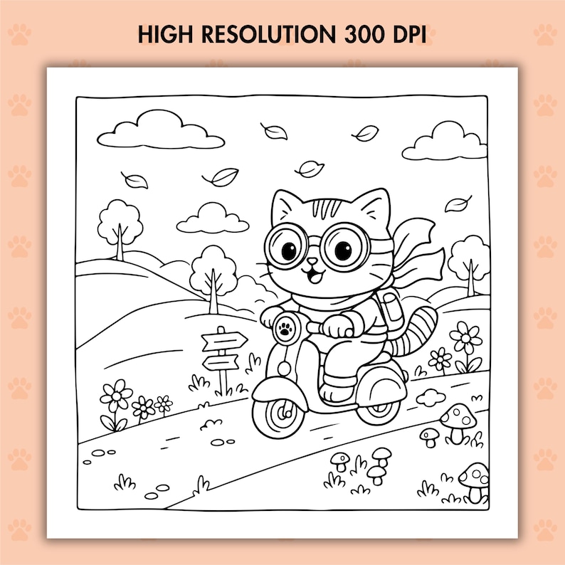 K&ouml;nnte beinhalten: Schwarz-Wei&szlig;-Illustration einer Katze mit Brille, Schal und Rucksack, die einen Roller f&auml;hrt. Der Hintergrund umfasst B&auml;ume, Wolken, Bl&auml;tter, Blumen und Pilze. Der Text "HIGH RESOLUTION 300 DPI" steht oben.