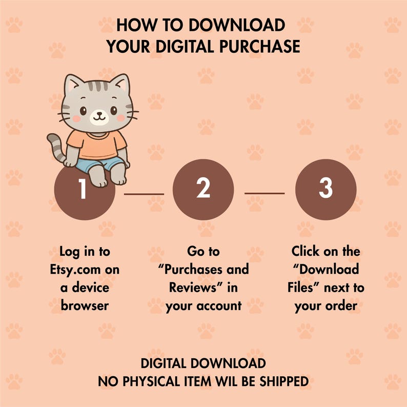 K&ouml;nnte beinhalten: Eine Illustration, die erkl&auml;rt, wie man einen digitalen Kauf auf Etsy herunterl&auml;dt. Das Bild zeigt eine Cartoon-Katze und nummerierte Schritte: Anmelden, zu K&auml;ufen gehen und auf Dateien herunterladen klicken. Text: "Digitaler Download, kein physischer Artikel wird versendet."