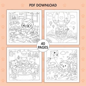 K&ouml;nnte beinhalten: Ein PDF-Download mit vier Schwarz-Wei&szlig;-Malvorlagen mit niedlichen Katzenillustrationen. Die Seiten zeigen Szenen von Katzen beim Malen, in einem Hei&szlig;luftballon, beim Essen und am Strand. Der Text "PDF DOWNLOAD" und "40 PAGES" sind sichtbar.