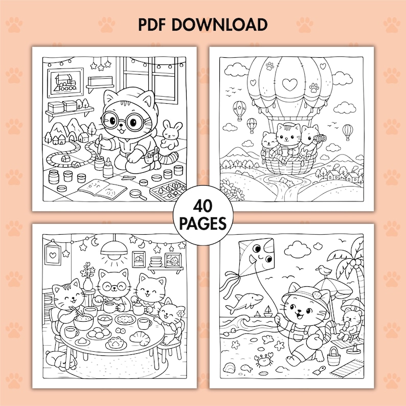 K&ouml;nnte beinhalten: Ein PDF-Download mit vier Schwarz-Wei&szlig;-Malvorlagen mit niedlichen Katzenillustrationen. Die Seiten zeigen Szenen von Katzen beim Malen, in einem Hei&szlig;luftballon, beim Essen und am Strand. Der Text "PDF DOWNLOAD" und "40 PAGES" sind sichtbar.