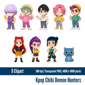 Paquete de imágenes prediseñadas de Chibi de Cazadores de Demonios del K-Pop - Estilo de Demonio Cazador del K-Pop / PNG digital lindo para pegatinas y agendas