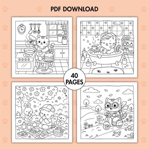 K&ouml;nnte beinhalten: Ein Schwarz-Wei&szlig;-PDF-Download mit vier quadratischen Illustrationen einer Katze. Die Katze wird beim Kochen, Baden, Picknicken und Rollerfahren dargestellt. Der Text "PDF DOWNLOAD" und "40 PAGES" sind ebenfalls vorhanden.