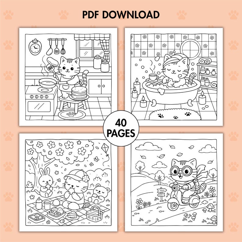 K&ouml;nnte beinhalten: Ein Schwarz-Wei&szlig;-PDF-Download mit vier quadratischen Illustrationen einer Katze. Die Katze wird beim Kochen, Baden, Picknicken und Rollerfahren dargestellt. Der Text "PDF DOWNLOAD" und "40 PAGES" sind ebenfalls vorhanden.