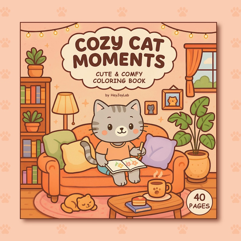 K&ouml;nnte beinhalten: Illustration eines Malbuchs mit dem Titel "Cozy Cat Moments". Das Cover zeigt eine Cartoon-Katze auf einem Sofa in einem gem&uuml;tlichen Raum. Das Buch hat 40 Seiten und den Text "Cute & Comfy Coloring Book".