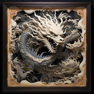 May include: A detailed, layered wood carving of a dragon with a fierce expression. The dragon is primarily gray and white, set against a black background within a wooden frame. The carving has intricate details and a three-dimensional effect.