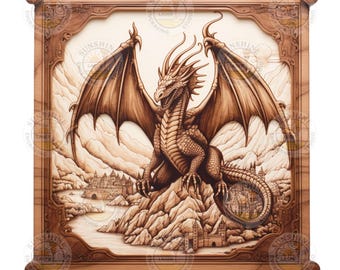 May include: A detailed wood carving of a dragon with outstretched wings, perched atop a rocky mountain, overlooking a fantasy landscape with castles. The artwork is framed in a decorative wooden border. The text "SUNSHINE ENGRAVING STUDIO" is visible.