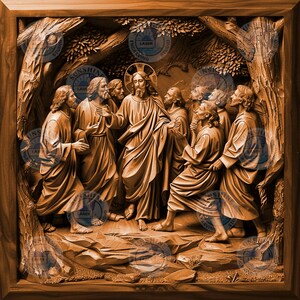 May include: A detailed, brown wooden relief carving depicting a religious scene with multiple figures. The central figure is surrounded by others, all in flowing robes, set within a naturalistic, framed environment. The carving is intricate and detailed.