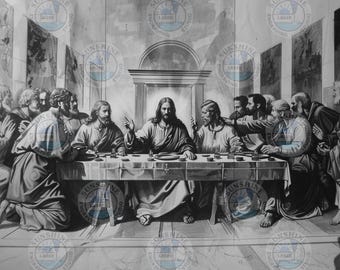 Puede incluir: Una impresión en blanco y negro de la Última Cena, que representa a Jesús y sus discípulos sentados a una mesa larga. La obra presenta sombreado detallado e imágenes religiosas clásicas, adecuada para la decoración del hogar.
