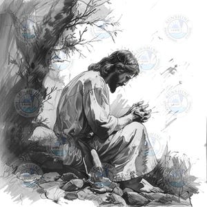 May include: A black and white illustration of a figure with long hair and a beard, wearing a robe, seated and praying. A crown of thorns is visible. The figure is under a tree, with the text "SUNSHINE LASER ENGRAVING STUDIO" in the background.