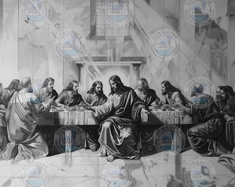Puede incluir: Ilustración en blanco y negro que representa la Última Cena. Jesús está sentado a una larga mesa con doce hombres. La escena es detallada, con figuras vestidas con túnicas y comida sobre la mesa. Una obra de arte religiosa clásica.