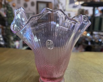 Vintage Fenton Glass 6" Pink Ribbed Handkerchief Vase