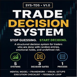May include: A dark blue graphic with the text "TRADE DECISION SYSTEM" in white and yellow. The text "STOP GUESSING. START DECIDING." is also present. The graphic includes icons and the phrases "5 SYSTEMS", "3 DECISION GATES", and "1 PROCESS".