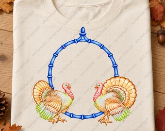 Watercolor Turkey Frame PNG, Blue Bamboo Oval with Golden Turkey Pair, Preppy Thanksgiving Digital Download