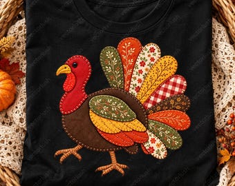 Patchwork Turkey PNG, Faux Stitched Fabric Thanksgiving Design, Rustic Autumn Turkey Digital Download