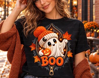 Boo Ghost PNG, Cute Halloween Ghost with Knit Hat and Pumpkin, Faux Zipper 3D Design, Transparent Fall Digital Download