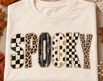 SPOOKY PNG, Neutral Leopard Checker and Polka Dot Halloween Letters, Distressed Typography Digital Download