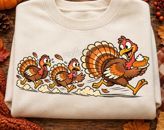 Funny Thanksgiving Turkey PNG, Pumpkin Pie Cartoon Design, Vintage Fall Sublimation, Turkey Chase Clipart, Digital Download