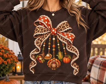 Thanksgiving Charms Bow PNG, Leopard Ribbon with Turkey Pie Pumpkin and Corn, Faux Lace Fall Digital Download