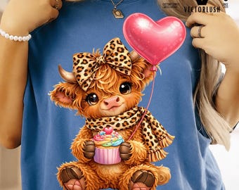 Highland Cow Valentine PNG, Baby Cow Cupcake Clipart, Heart Balloon Sublimation Design