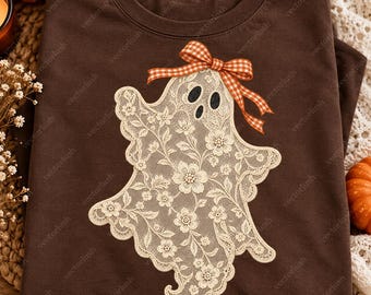 Lace Ghost PNG, Ivory Floral Faux Lace Ghost with Orange Gingham Bow, Cute Halloween Digital Download