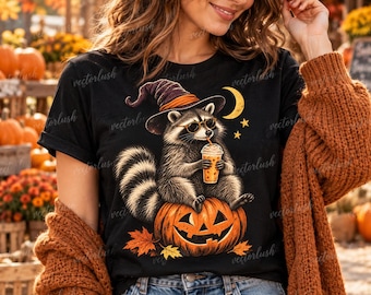 Halloween Raccoon PNG, Vintage Witch Hat and Pumpkin Coffee Design, Funny Fall Shirt Sublimation, Transparent Digital Download