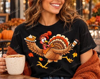 Funny Thanksgiving Turkey PNG, Running Turkey with Pumpkin Pie and Coffee, Vintage Cartoon Fall Design, Digital Download