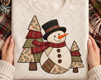 Patchwork Snowman PNG, Plaid Christmas Trees, Rustic Faux Stitch Winter Digital Download