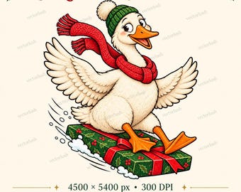 Christmas Goose PNG, Cute Goose Sliding on a Gift, Vintage Holiday Clipart, Winter Goose Shirt Design, Digital Download