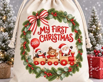 My First Christmas 2026 PNG, Santa Bear Penguin Train Wreath, Baby Holiday Digital Download