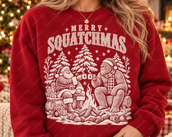 Merry Squatchmas PNG, Bigfoot Santa Campfire, Vintage Woodland Christmas Digital Download