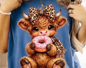 Highland Cow Donut PNG, Kawaii Baby Sublimation Design, Leopard Bow Tumbler Art