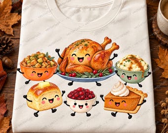 Cute Thanksgiving Food PNG, Smiling Turkey Dinner Characters with Pumpkin Pie and Cranberries, Fall Digital Download