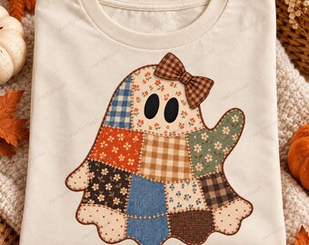 Patchwork Ghost PNG, Faux Stitched Floral and Gingham Ghost with Bow, Cute Halloween Digital Download