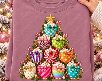 Christmas Coffee Cup Tree PNG, Colorful Cocoa Mug Stack, Girly Holiday Digital Download