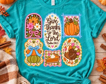 Give Thanks to the Lord PNG, Psalm 136:1 Thanksgiving Design, Coquette Pumpkin Turkey Patchwork, Christian Fall PNG