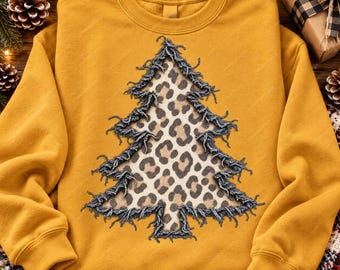 Neutral Leopard Christmas Tree PNG, Faux Frayed Fabric Holiday Design, Transparent PNG for Shirts and Totes