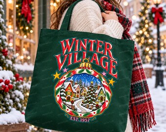 Winter Village PNG, Vintage Christmas Ornament Design, Snowy Cottage Scene, Retro Holiday Shirt Graphic, Transparent Download