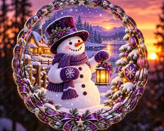 Purple Snowman Wind Spinner PNG, Winter Lantern and Snowy Cabin, Christmas Round Sublimation Artwork, 2 Sizes Digital Download
